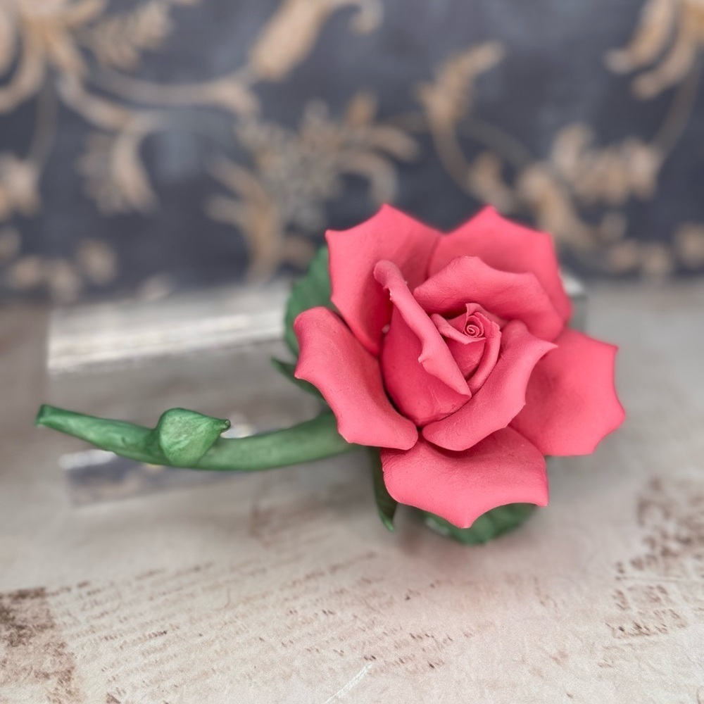 Hand Painted Capodimonte Porcelain Pink Rose Flower Sculpture Italy